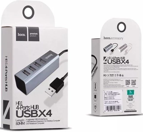 USB HUB HOCO HB1 4В1 Line machine, USB 2.0, 0.8 метри, сірий