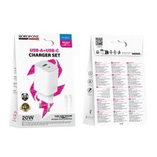 Мережевий зарядний пристрій BOROFONE BAS83A TYPE-C PD 20W / USB QC3.0 + кабель TYPE-C - LIGHTNING, білий