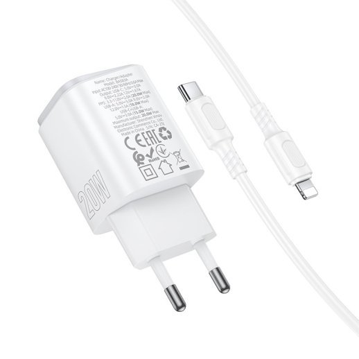 Мережевий зарядний пристрій BOROFONE BAS83A TYPE-C PD 20W / USB QC3.0 + кабель TYPE-C - LIGHTNING, білий