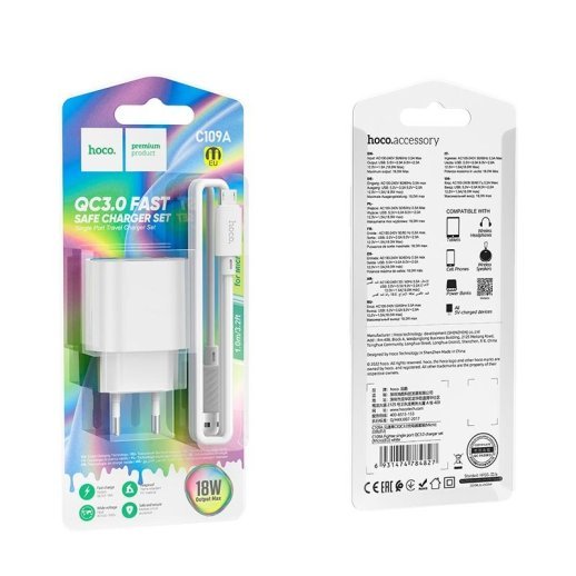 Мережевий зарядний пристрій HOCO C109A QC3.0 + кабель USB - MICRO, білий