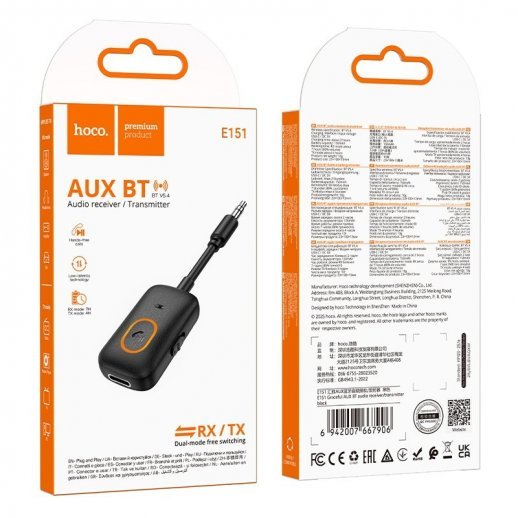 Автомобільний Bluetooth-приймач HOCO E151 з кабелем AUX, чорний