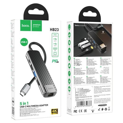 Адаптер HOCO HB23 Type-C 5В1 (HDMI, USB 3.0 та USB 2.0, RJ45 Ethernet, USB Type-C), 13,5см, сірий