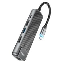 Адаптер HOCO HB23 Type-C 5В1 (HDMI, USB 3.0 та USB 2.0, RJ45 Ethernet, USB Type-C), 13,5см, сірий
