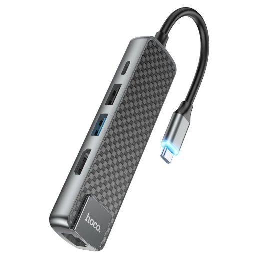 Адаптер HOCO HB23 Type-C 5В1 (HDMI, USB 3.0 та USB 2.0, RJ45 Ethernet, USB Type-C), 13,5см, сірий