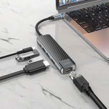 Адаптер HOCO HB23 Type-C 5В1 (HDMI, USB 3.0 та USB 2.0, RJ45 Ethernet, USB Type-C), 13,5см, сірий
