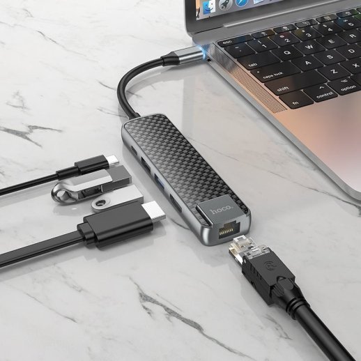 Адаптер HOCO HB23 Type-C 5В1 (HDMI, USB 3.0 та USB 2.0, RJ45 Ethernet, USB Type-C), 13,5см, сірий