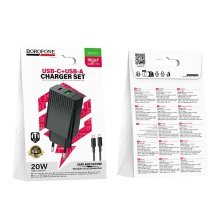 Мережевий зарядний пристрій BOROFONE BAS74A TYPE-C PD 20W / USB QC3.0 + кабель TYPE-C - LIGHTNING, чорний