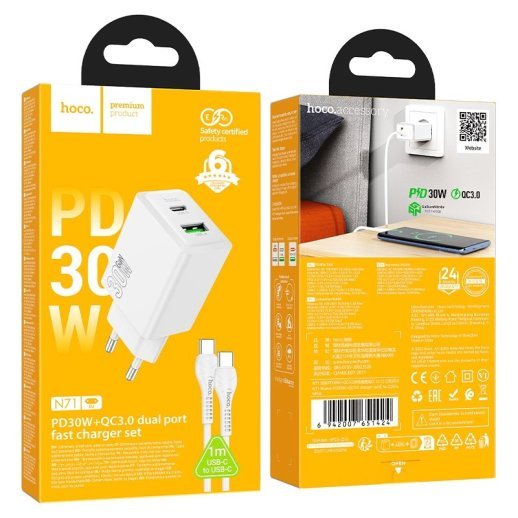 Зарядний пристрій HOCO N71 Nuevo, PD30W + QC3.0, два порти (USB-C + USB-A), комплект з кабелем Type-C to Type-C, EU-вилка, білий