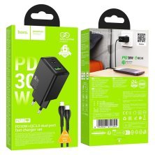 Зарядний пристрій HOCO N71 Nuevo, PD30W + QC3.0, два порти (USB-C + USB-A), комплект з кабелем Type-C to Lightning, EU-вилка, чорний