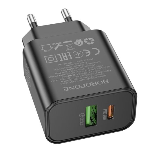 Мережевий зарядний пристрій BOROFONE BA88A TYPE-C PD 20W + USB QC3.0, чорний