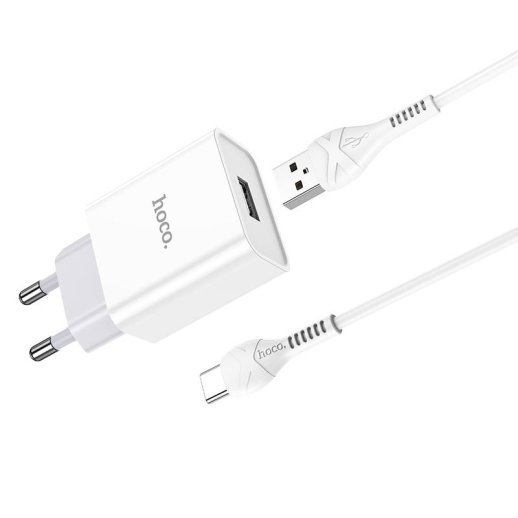 Мережевий зарядний пристрій HOCO C81A USB 2.1A + кабель USB - Type-C, белий