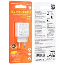 Мережевий зарядний пристрій BOROFONE BA88A TYPE-C PD 20W + USB QC3.0, білий