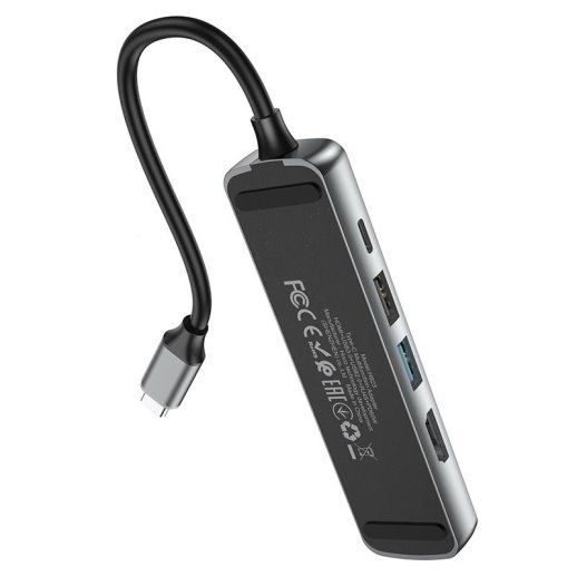 Адаптер HOCO HB23 Type-C 5В1 (HDMI, USB 3.0 та USB 2.0, RJ45 Ethernet, USB Type-C), 13,5см, сірий