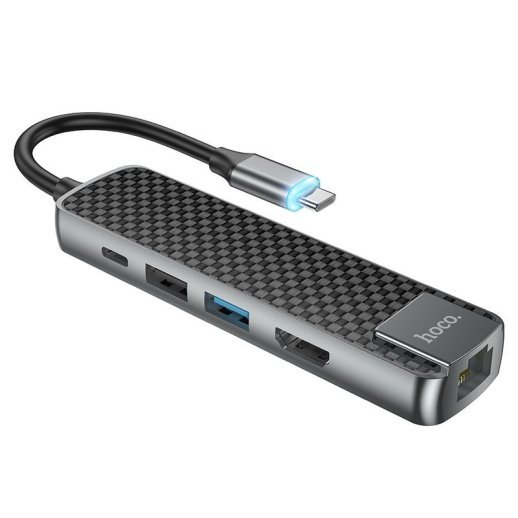 Адаптер HOCO HB23 Type-C 5В1 (HDMI, USB 3.0 та USB 2.0, RJ45 Ethernet, USB Type-C), 13,5см, сірий