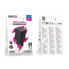 Мережевий зарядний пристрій BOROFONE BAS83A TYPE-C PD 20W / USB QC3.0 + кабель TYPE-C - LIGHTNING, чорний