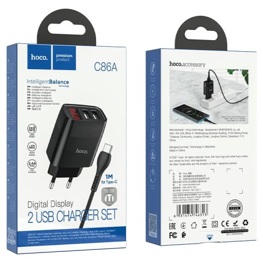 Мережевий зарядний пристрій HOCO C86A 2 USB 2.4A + кабель USB - TYPE-C чорний