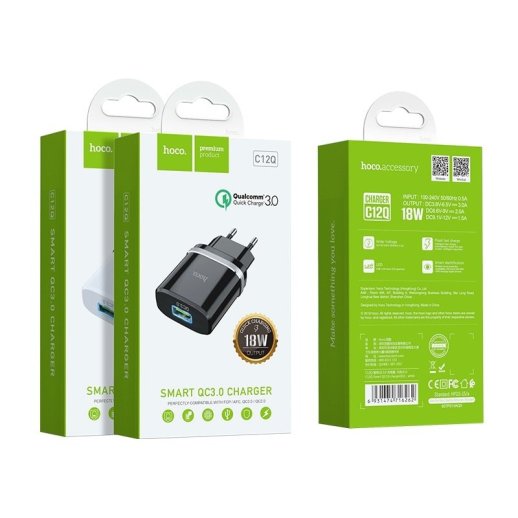 Мережевий зарядний пристрій HOCO C12Q SMART QC3.0, чорний
