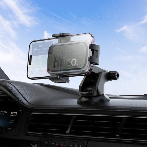 Автотримач Hoco H79 Vista (push-type) для центральної консолі  -  чорний / металік-сірий