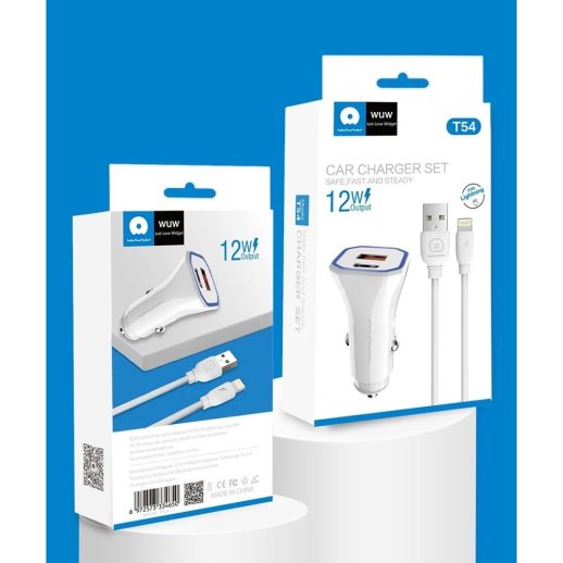 Автомобільний зарядний пристрій WUW T54 USB + TYPE-C 2.4A + кабель USB Lightning (20)