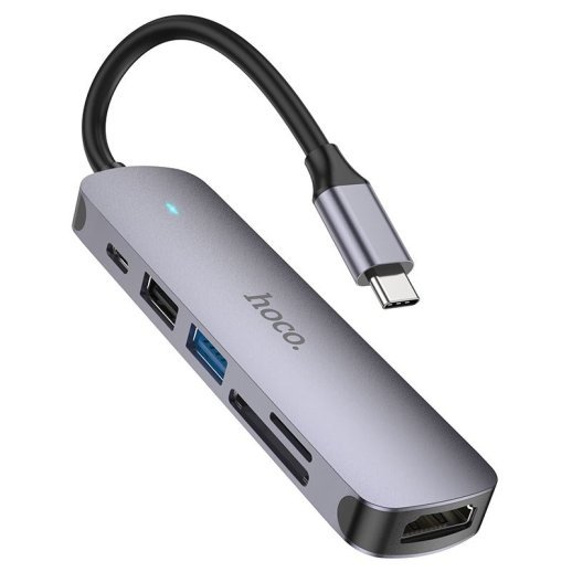 Адаптер HOCO HB28 Type-C 100W 6в1 (HDMI, SD/TF card, USB 2.0, USB 3.0, TYPE-C) 13см, сірий