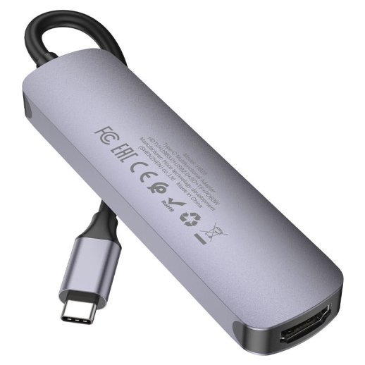 Адаптер HOCO HB28 Type-C 100W 6в1 (HDMI, SD/TF card, USB 2.0, USB 3.0, TYPE-C) 13см, сірий