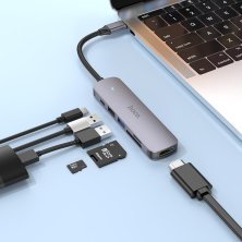 Адаптер HOCO HB28 Type-C 100W 6в1 (HDMI, SD/TF card, USB 2.0, USB 3.0, TYPE-C) 13см, сірий