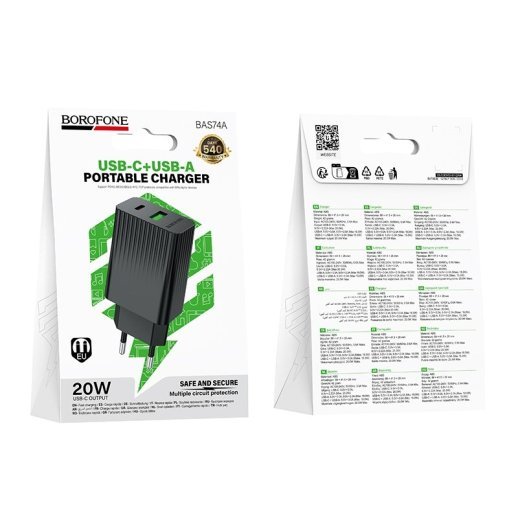 Мережевий зарядний пристрій BOROFONE BAS74A TYPE-C PD 20W / USB QC3.0, чорний
