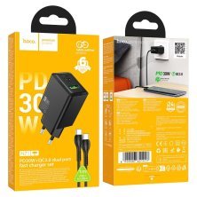Зарядний пристрій HOCO N71 Nuevo, PD30W + QC3.0, два порти (USB-C + USB-A), комплект з кабелем Type-C to Type-C, EU-вилка, чорний