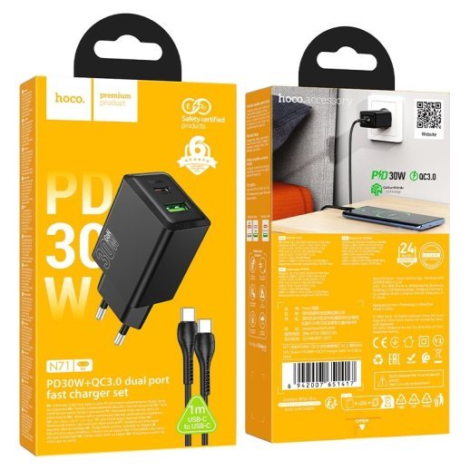 Зарядний пристрій HOCO N71 Nuevo, PD30W + QC3.0, два порти (USB-C + USB-A), комплект з кабелем Type-C to Type-C, EU-вилка, чорний