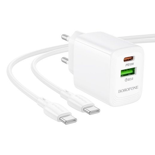Мережевий зарядний пристрій BOROFONE BN29 TYPE-C PD 30W / USB QC3.0 + кабель TYPE-C - TYPE-C, білий