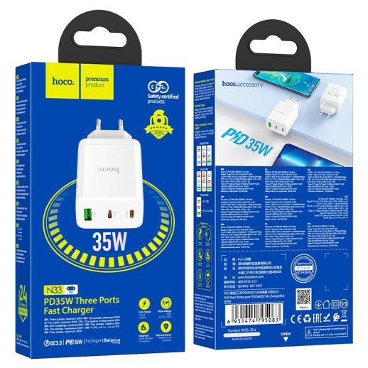 Мережевий зарядний пристрій HOCO N33 2 TYPE-C PD 35W + USB QC 3.0
