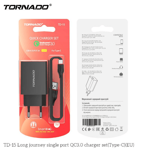 Сетевое Зарядное Устройство 2in1 TORNADO TD-15 (1USB QC3.0) Type-C Black