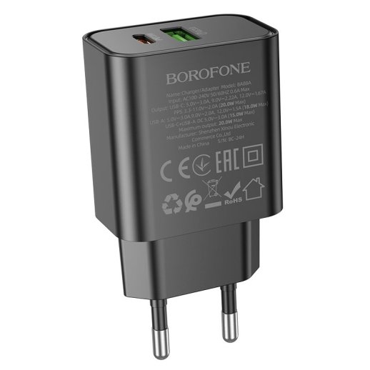 Мережевий зарядний пристрій BOROFONE BA88A TYPE-C PD 20W + USB QC3.0, чорний