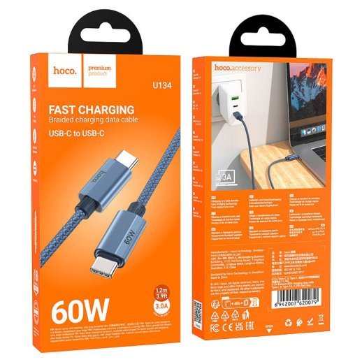 USB-C кабель HOCO U134 60W Type-C - Type-C 1.2М СИНІЙ