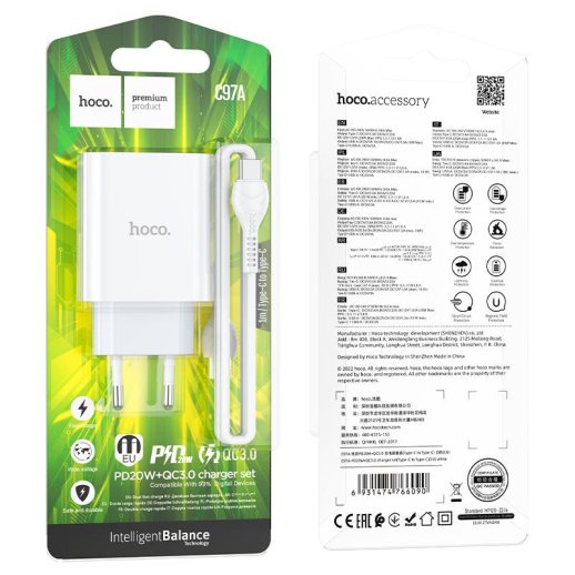 Мережевий зарядний пристрій HOCO C97A TYPE-C PD 20W + USB QC 3.0 + кабель TYPE-C - TYPE-C, БІЛИЙ