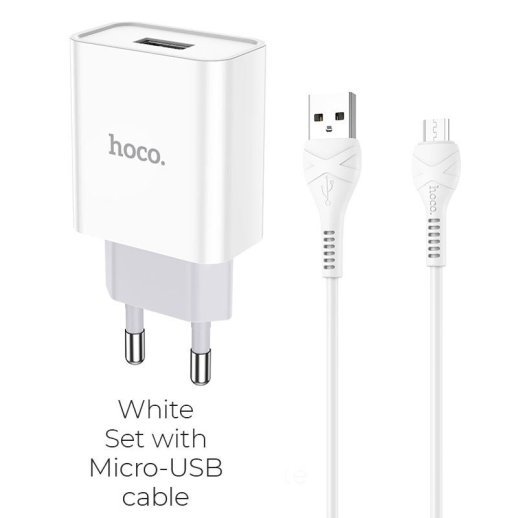 Мережевий зарядний пристрій HOCO C81A USB 2.1A + кабель USB - MICRO, белий