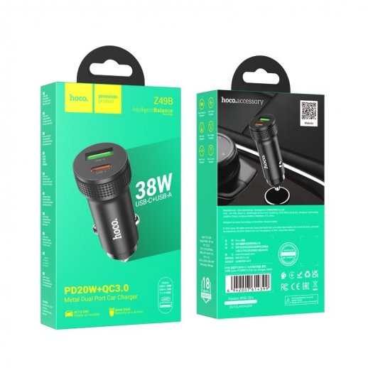 Автомобільний зарядний пристрій HOCO Z49B PD 20W TYPE-C / 18W USB QC 3.0, чорний