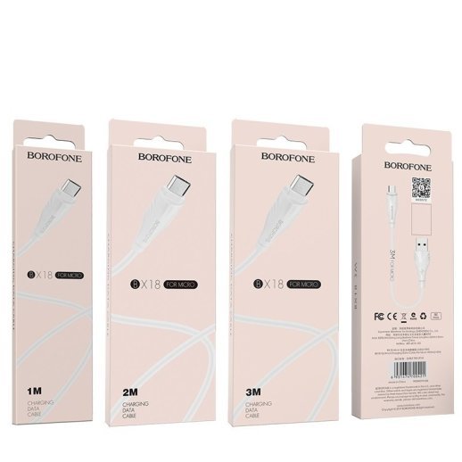 USB кабель BOROFONE BX18 charging data 2,4А USB - micro USB 3 метри, бiлий