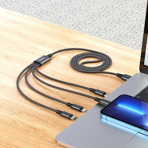 USB КАБЕЛЬ HOCO X76 4в1: Lightning*2/Micro/Type-C, ЧОРНИЙ