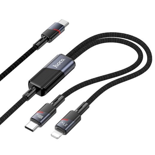 USB-C кабель HOCO U139 2-в-1 (Type-C to Type-C + Lightning), 100 Вт PD (USB-C) / 27 Вт Lightning, довжина 1,2 м, чорний