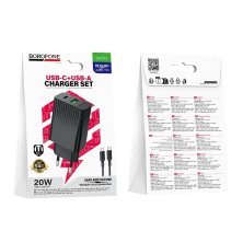Мережевий зарядний пристрій BOROFONE BAS74A TYPE-C PD 20W / USB QC3.0 + кабель TYPE-C - TYPE-C, чорний