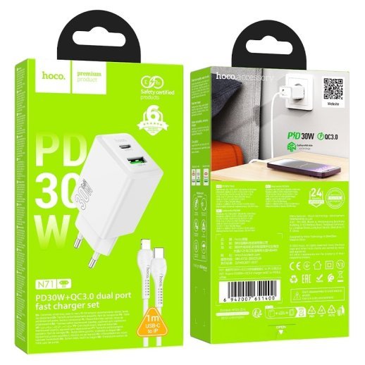Зарядний пристрій HOCO N71 Nuevo, PD30W + QC3.0, два порти (USB-C + USB-A), комплект з кабелем Type-C to Lightning, EU-вилка, білий
