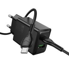 Зарядний пристрій HOCO N71 Nuevo, PD30W + QC3.0, два порти (USB-C + USB-A), комплект з кабелем Type-C to Type-C, EU-вилка, чорний