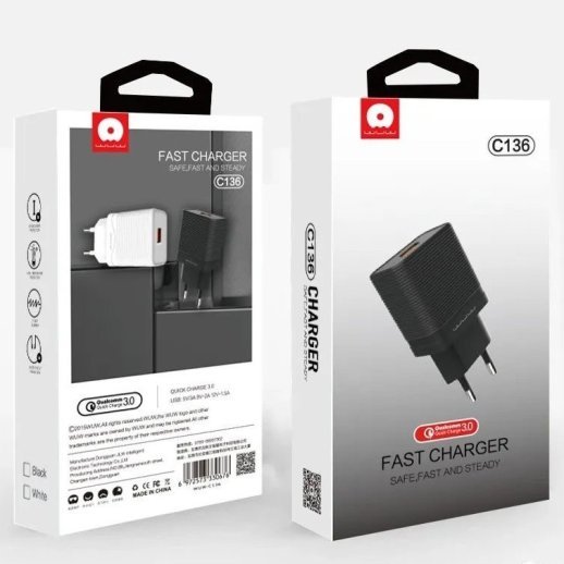 Мережевий зарядний пристрій WUW C136 USB QC3.0 ЧОРНИЙ