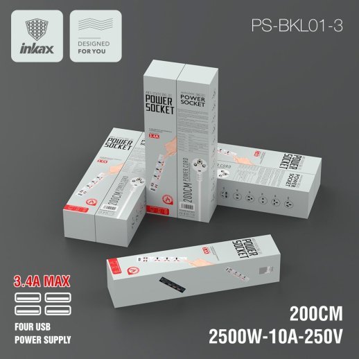 Мережевий фільтр з usb INKAX PS-BKL01-3 2 МЕТРИ з 4 USB 3.4A