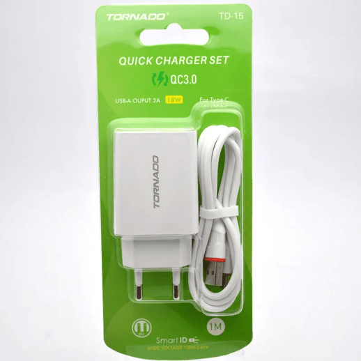 Сетевое Зарядное Устройство 2in1 TORNADO TD-15 (1USB QC3.0) Type-C White