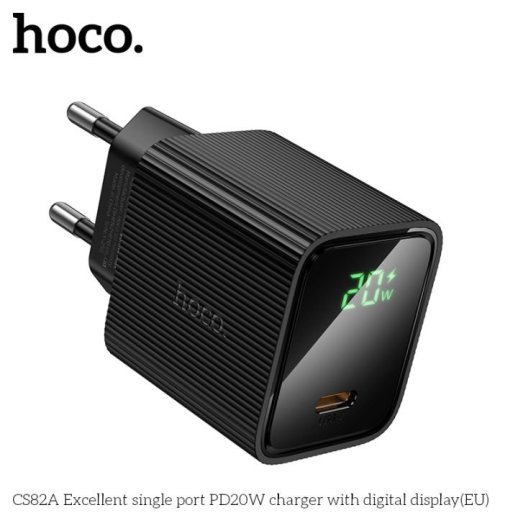 Мережевий зарядний пристрій HOCO CS82A Excellent PD20W з цифровим дисплеєм + кабель TYPE-C - TYPE-C, чорний