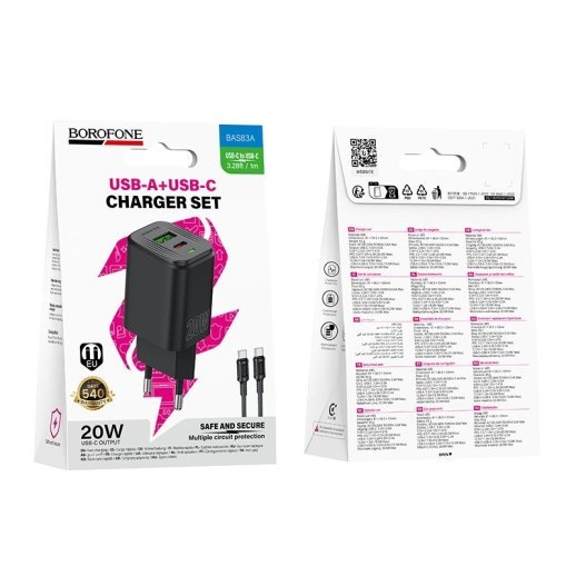 Мережевий зарядний пристрій BOROFONE BAS83A TYPE-C PD 20W / USB QC3.0 + кабель TYPE-C - TYPE-C, чорний