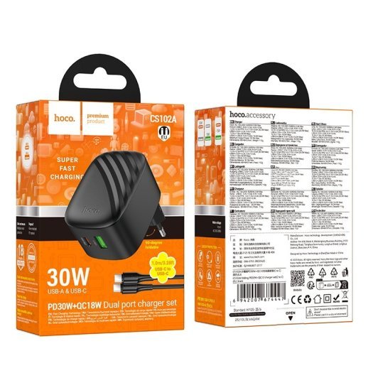 Мережевий зарядний пристрій HOCO CS102A TYPE-C PD 30W / USB QC 3.0 + кабель TYPE-C - TYPE-C, чорний