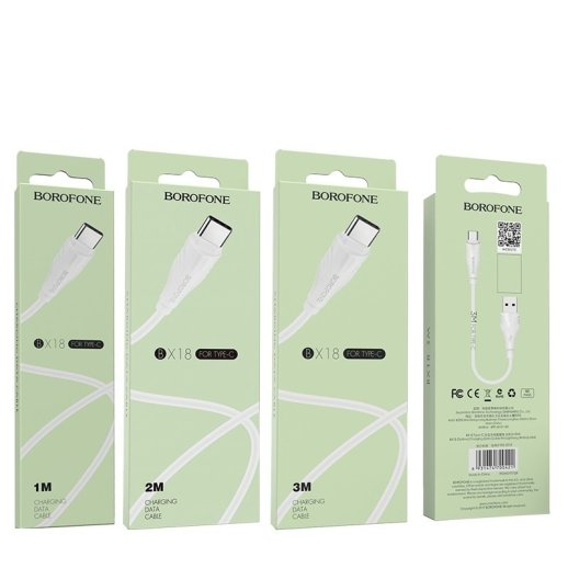 USB кабель BOROFONE BX18 charging data 3А USB - Type-C 1 метр, бiлий